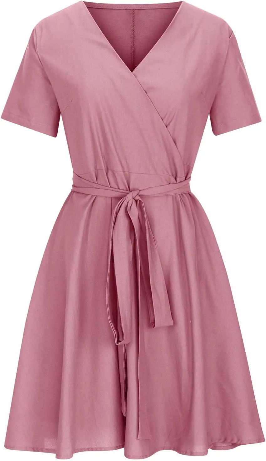 Women's 2025 Summer Dress Cotton Linen A-Line Dress Flowy V Neck Tie Waist High Waist Tshirt Dress Mini Wrap Sundress