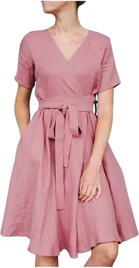 Women's 2025 Summer Dress Cotton Linen A-Line Dress Flowy V Neck Tie Waist High Waist Tshirt Dress Mini Wrap Sundress