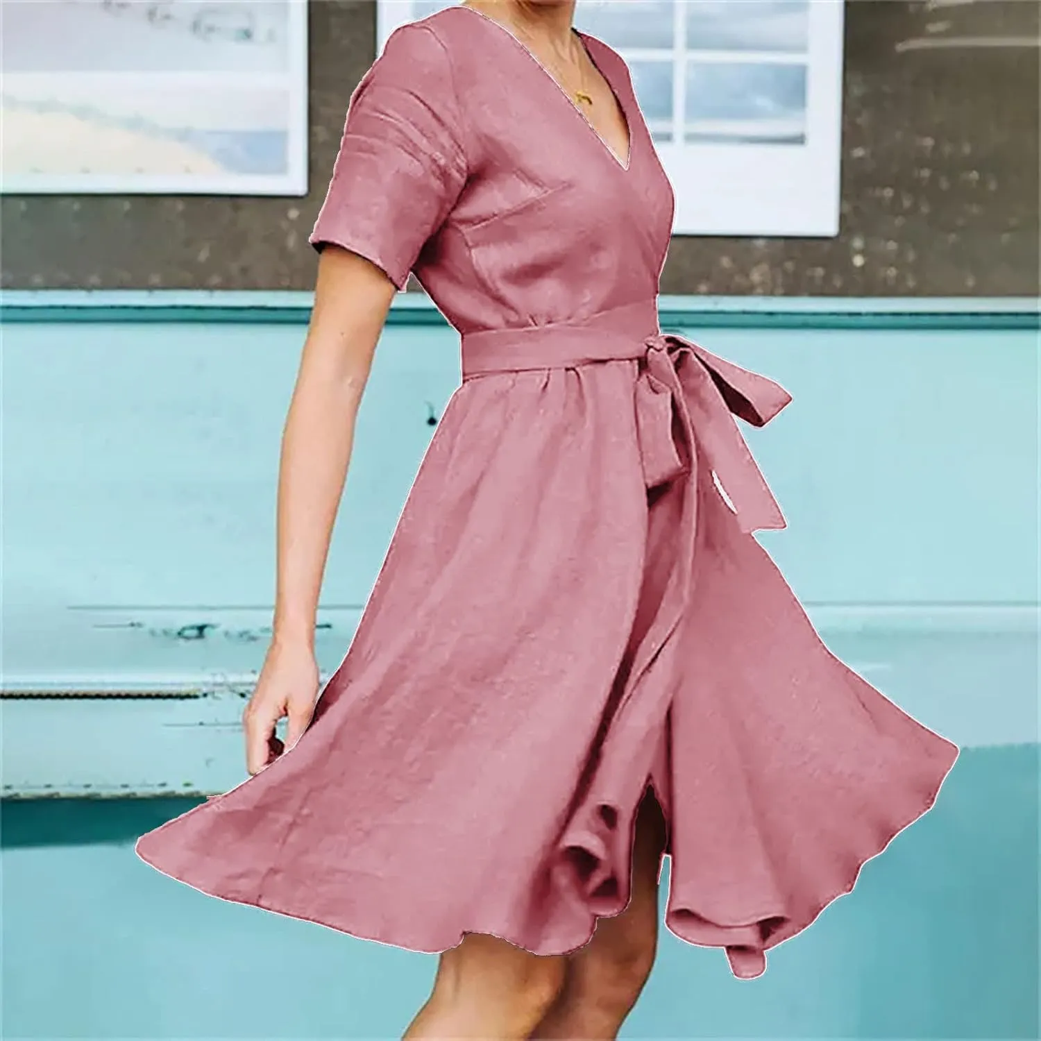 Women's 2025 Summer Dress Cotton Linen A-Line Dress Flowy V Neck Tie Waist High Waist Tshirt Dress Mini Wrap Sundress
