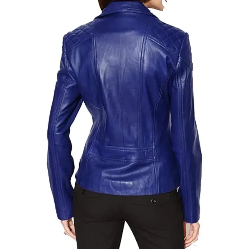 Womens Blue Leather Bomber Motorcycle Biker Jaclet