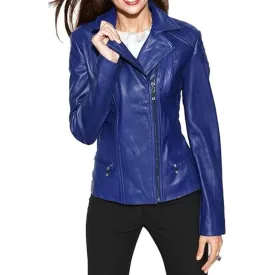 Womens Blue Leather Bomber Motorcycle Biker Jaclet