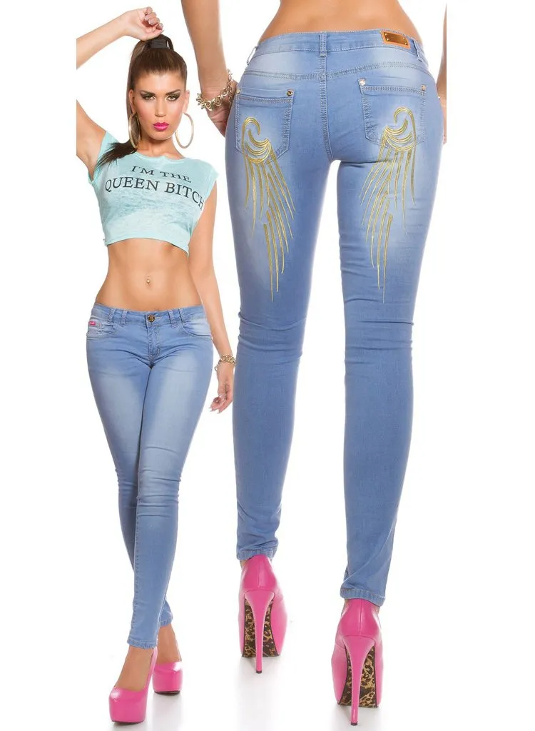 Women's Blue slim skinny jeans with Embroidered Angel wings rear design