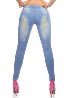 Women's Blue slim skinny jeans with Embroidered Angel wings rear design