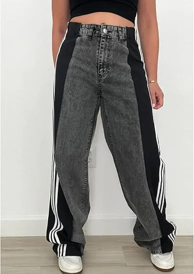 Women's Color Block Wide Leg Denim Pants High Waisted Patchwork Stripes Jeans Stretchy Two Tone Jeans Trousers