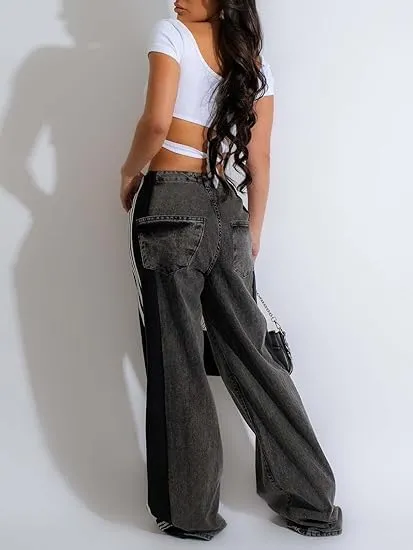Women's Color Block Wide Leg Denim Pants High Waisted Patchwork Stripes Jeans Stretchy Two Tone Jeans Trousers