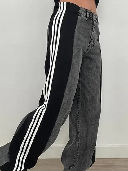 Women's Color Block Wide Leg Denim Pants High Waisted Patchwork Stripes Jeans Stretchy Two Tone Jeans Trousers