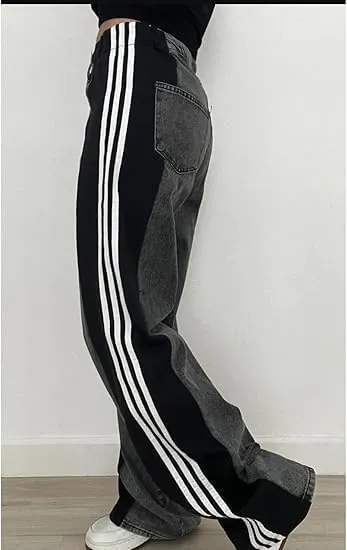 Women's Color Block Wide Leg Denim Pants High Waisted Patchwork Stripes Jeans Stretchy Two Tone Jeans Trousers
