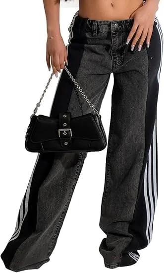 Women's Color Block Wide Leg Denim Pants High Waisted Patchwork Stripes Jeans Stretchy Two Tone Jeans Trousers