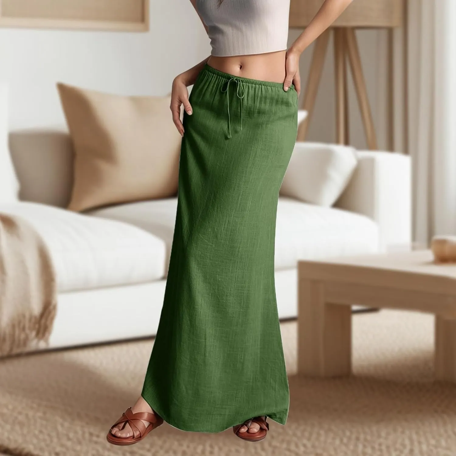 Womens Flared Maxi Skirt Summer Lightweight Drawstring High Waisted Skort Casual Breathable Solid Color A Line Skirt