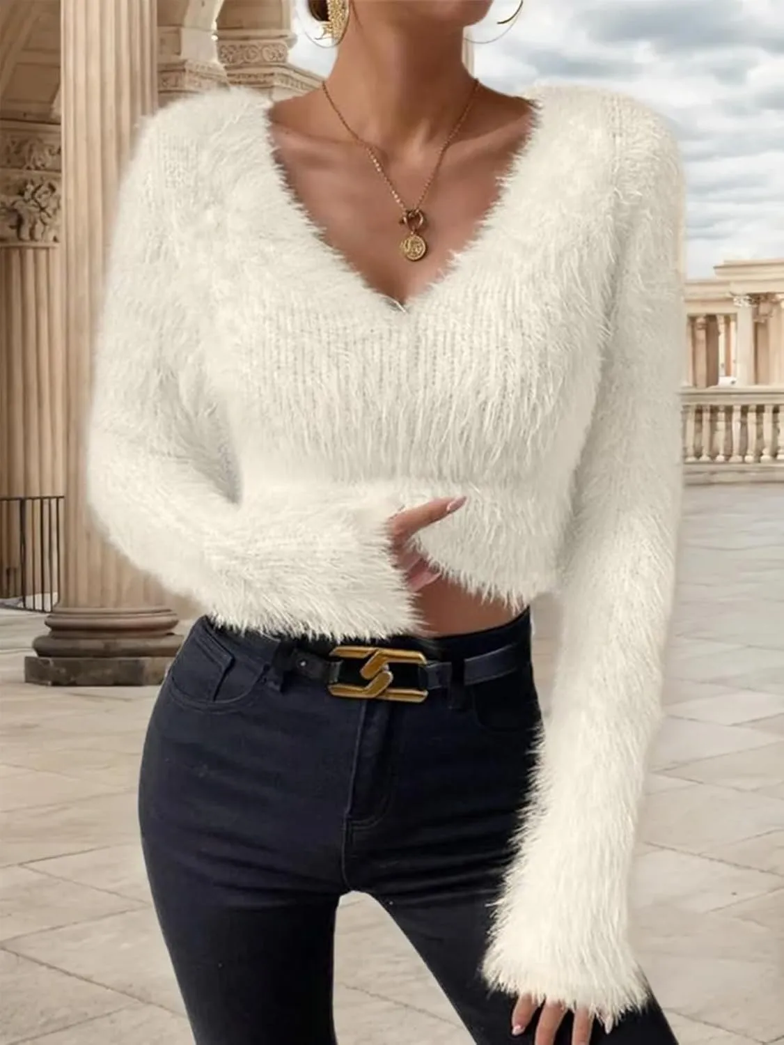 Women's Fuzzy Fluffy Long Sleeve V Neck Crop Sweater Casual Plain Slim Fit Warm Knitwear Sweater Tops