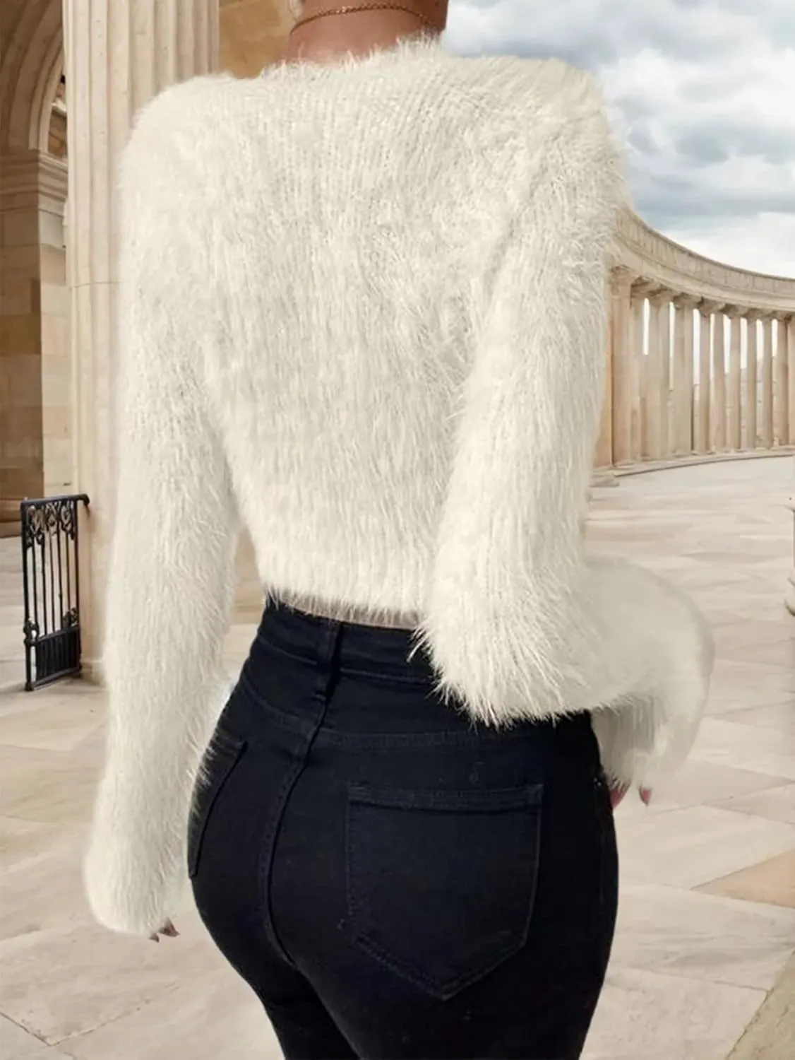 Women's Fuzzy Fluffy Long Sleeve V Neck Crop Sweater Casual Plain Slim Fit Warm Knitwear Sweater Tops