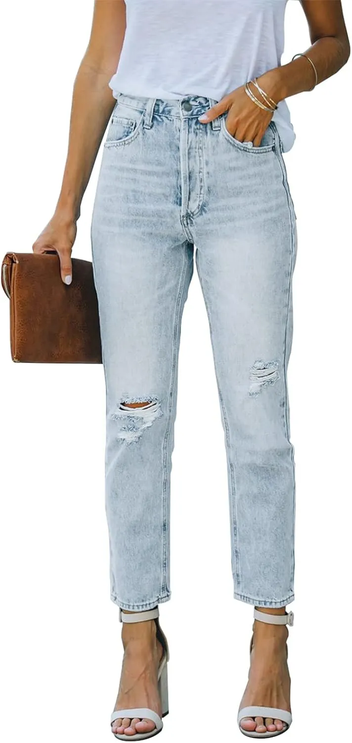 Women's Ripped High Waisted Jeans Distressed Stretch Straight Jean Denim Pants