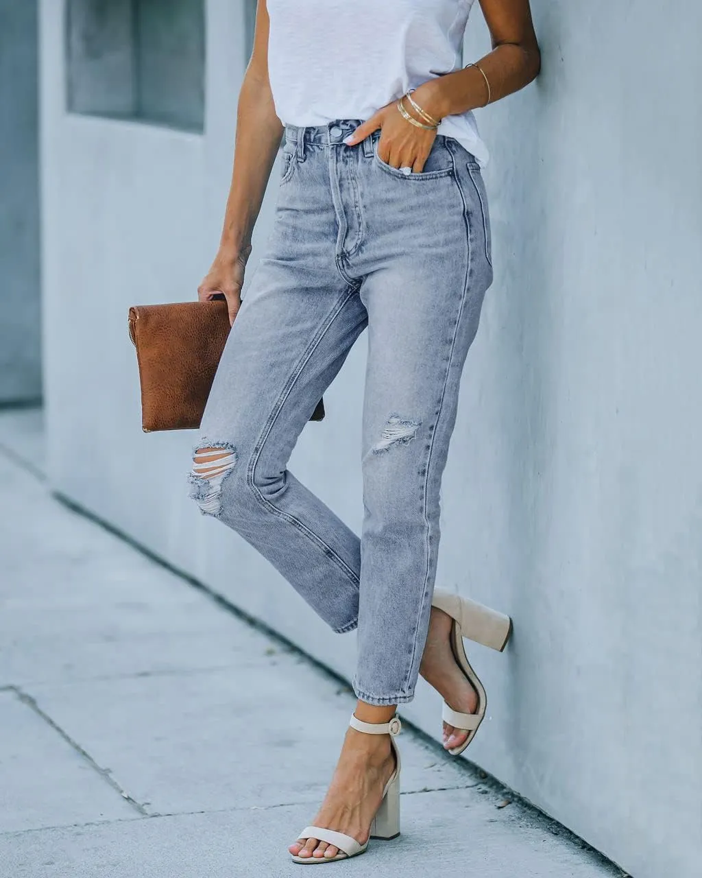 Women's Ripped High Waisted Jeans Distressed Stretch Straight Jean Denim Pants