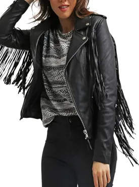 Women's Stylish Fringe Genuine Biker Leather Jacket - Classic Black Tassel Motorcycle Leather Jacket