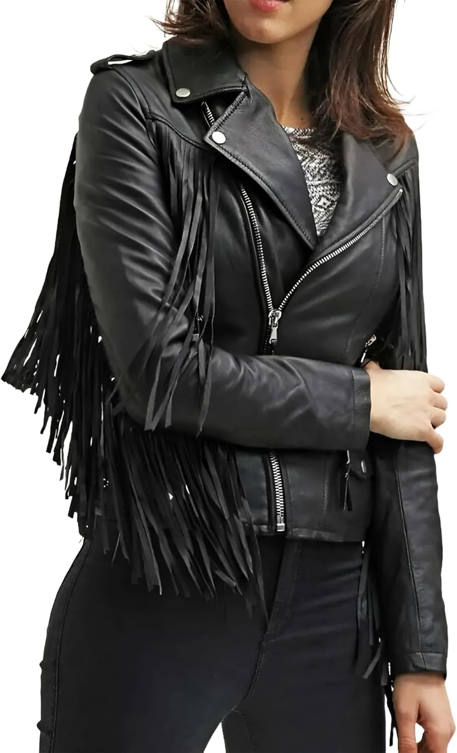 Women's Stylish Fringe Genuine Biker Leather Jacket - Classic Black Tassel Motorcycle Leather Jacket