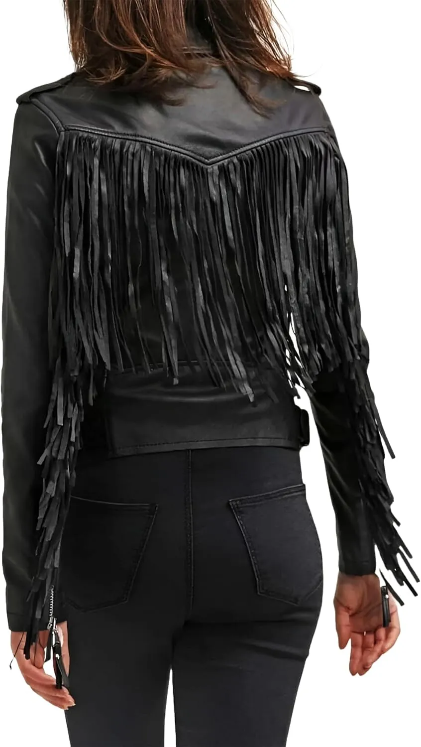 Women's Stylish Fringe Genuine Biker Leather Jacket - Classic Black Tassel Motorcycle Leather Jacket