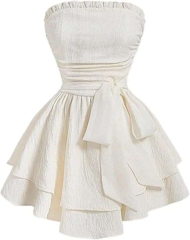 Women's Summer Mini Dress Strapless Dress with Waist Belt