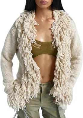 Women's Trendy Y2K Vintage Open Front Long Sleeve Cardigan Crochet Fringe Trim Knit Casual Cozy Outerwear Sweater