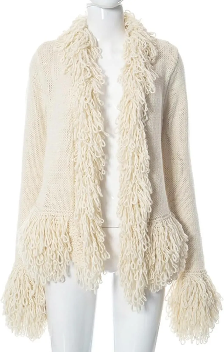 Women's Trendy Y2K Vintage Open Front Long Sleeve Cardigan Crochet Fringe Trim Knit Casual Cozy Outerwear Sweater