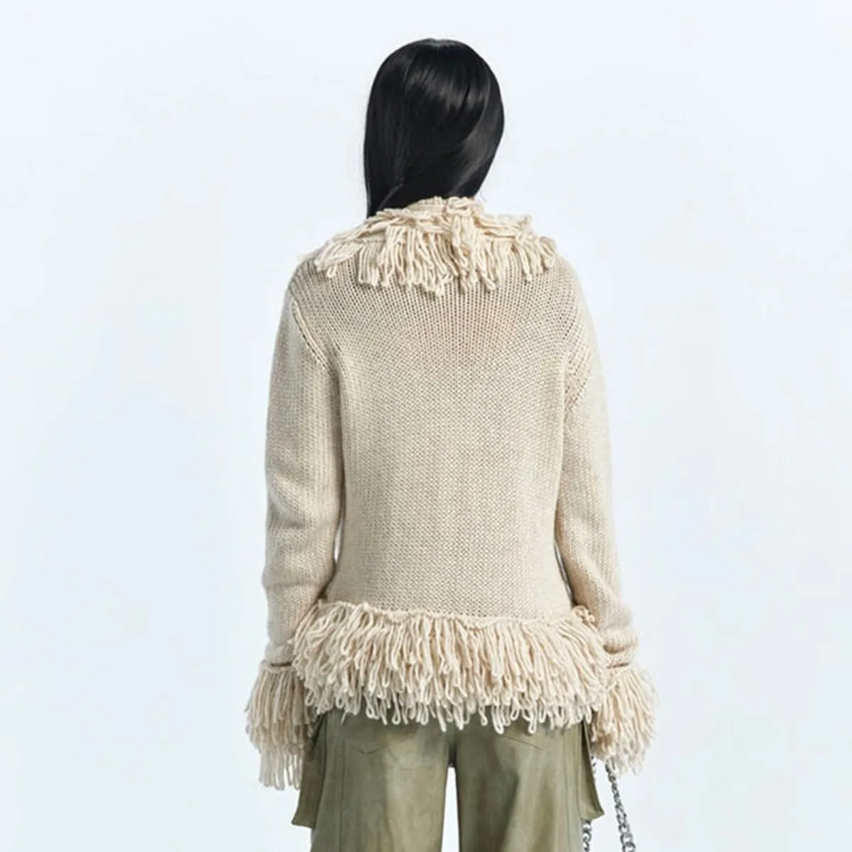 Women's Trendy Y2K Vintage Open Front Long Sleeve Cardigan Crochet Fringe Trim Knit Casual Cozy Outerwear Sweater
