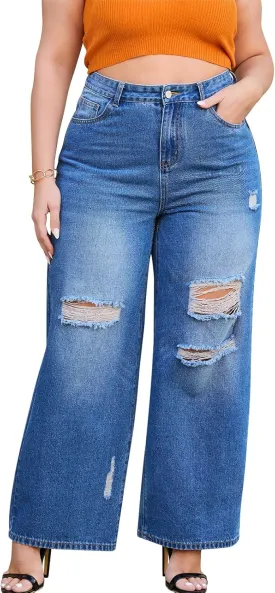 Women's Wide Leg Jeans with High Waist Distressed Ripped Jeans Straight Leg Denim Pants Standard