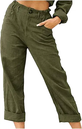 XUNRYAN Capri Pants Women Casual Summer Elastic High Waist Linen Pants Loose Wide Leg Cargo Pants Crop Trouser with Pockets