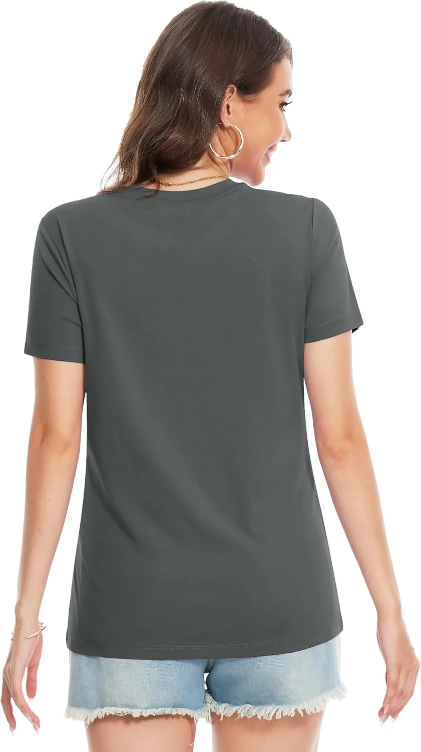 YUCOLEN Women's Cotton Short Sleeve Shirts Soft Breathable UPF 50  V Neck T-Shirts Basic Tops