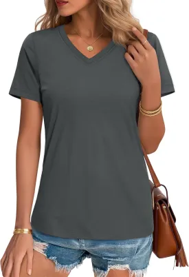 YUCOLEN Women's Cotton Short Sleeve Shirts Soft Breathable UPF 50  V Neck T-Shirts Basic Tops