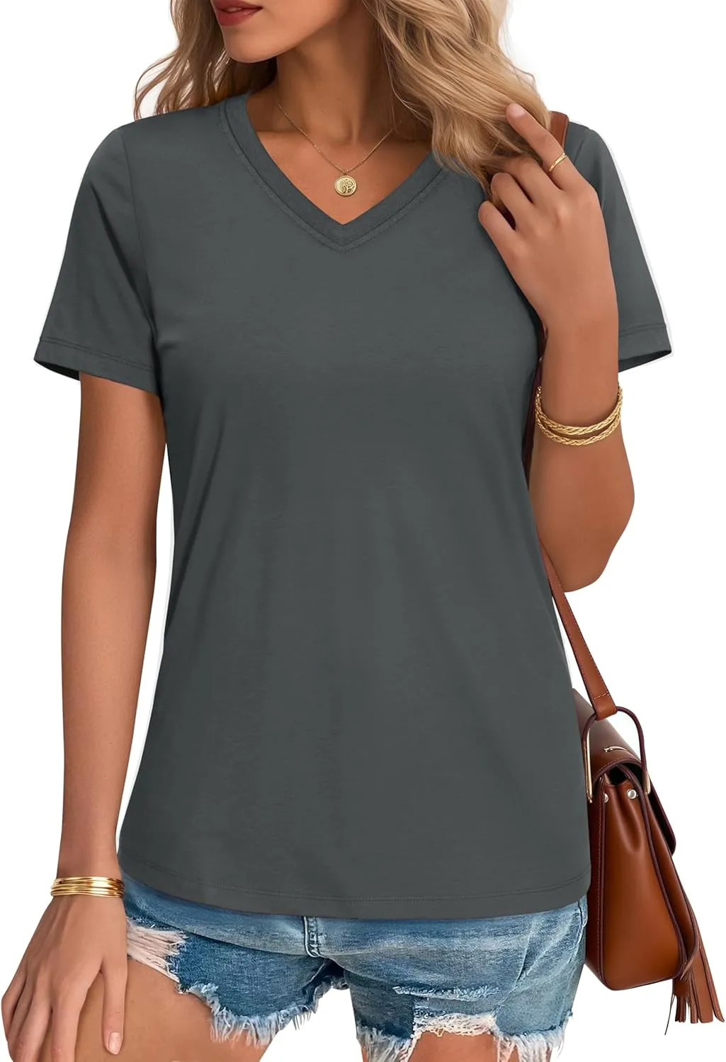 YUCOLEN Women's Cotton Short Sleeve Shirts Soft Breathable UPF 50  V Neck T-Shirts Basic Tops