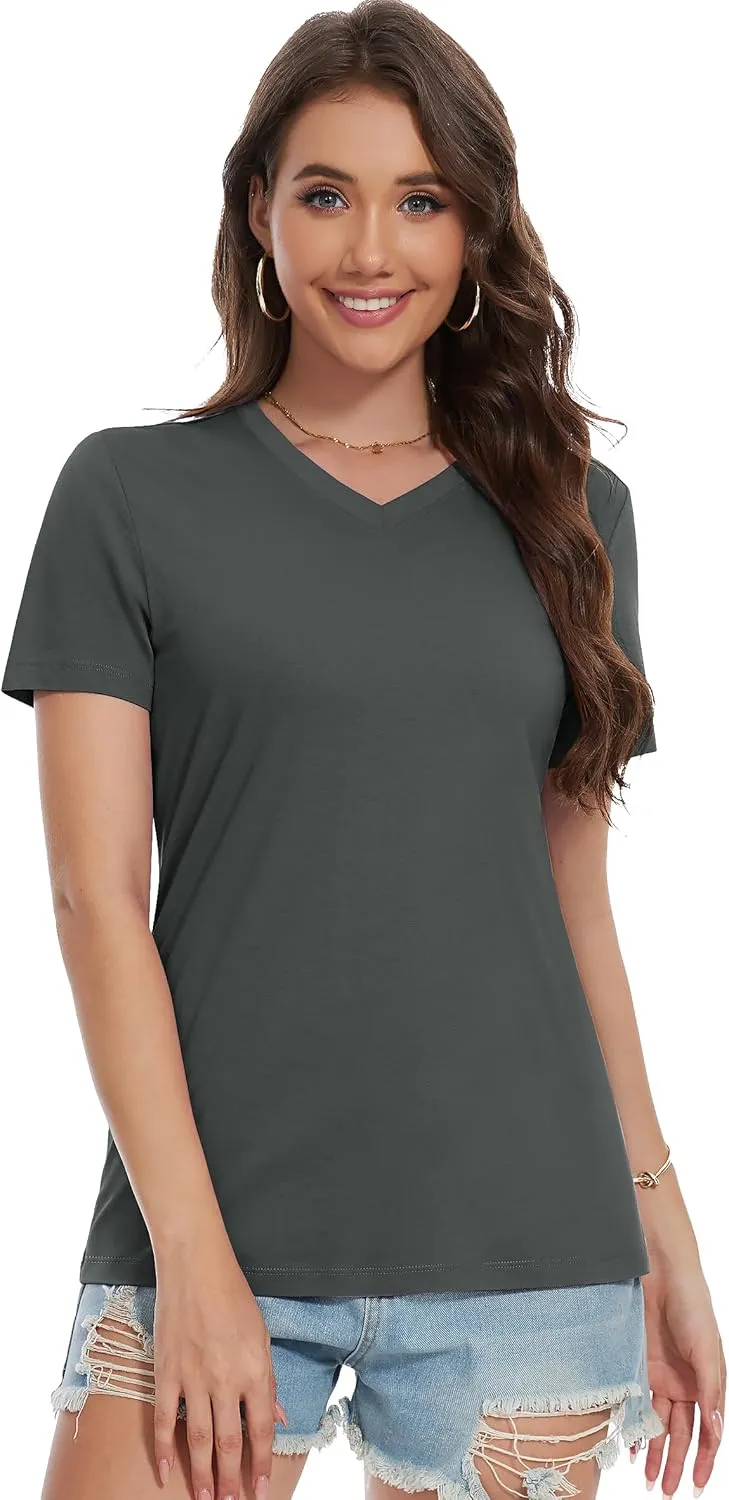 YUCOLEN Women's Cotton Short Sleeve Shirts Soft Breathable UPF 50  V Neck T-Shirts Basic Tops