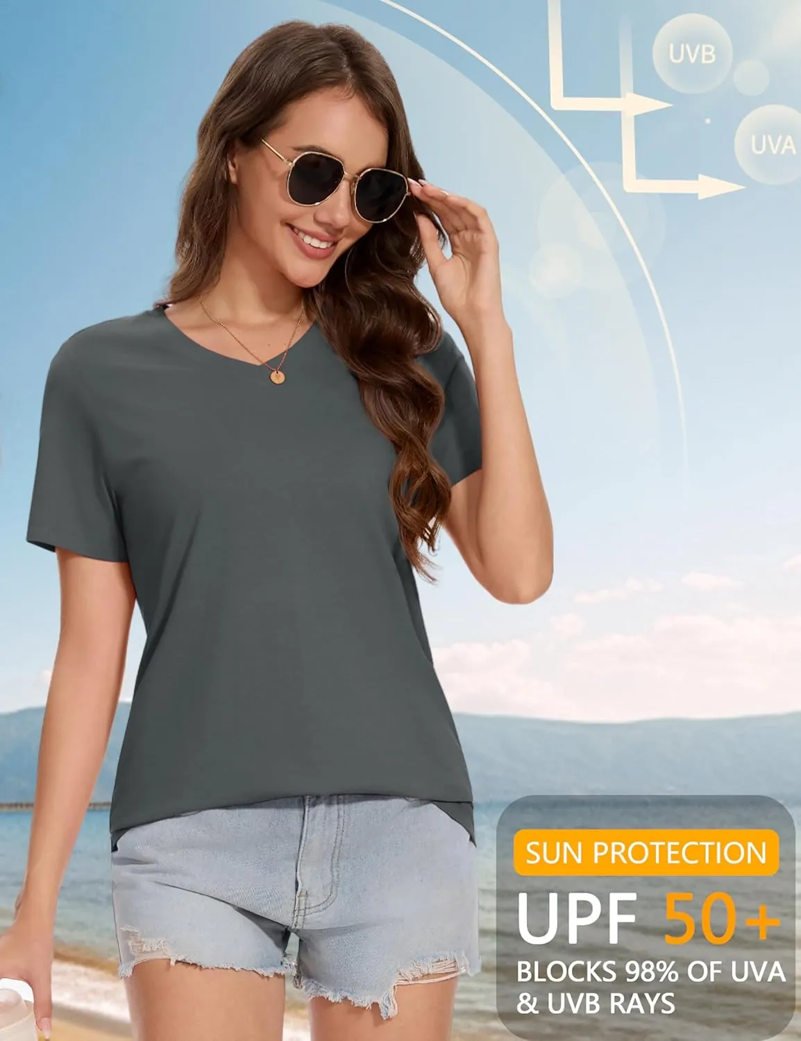 YUCOLEN Women's Cotton Short Sleeve Shirts Soft Breathable UPF 50  V Neck T-Shirts Basic Tops