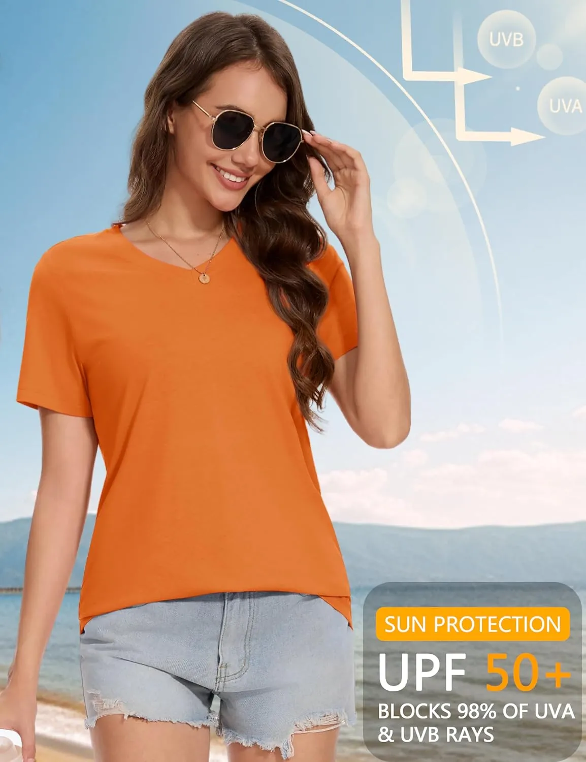YUCOLEN Women's Cotton Short Sleeve Shirts Soft Breathable UPF 50  V Neck T-Shirts Basic Tops