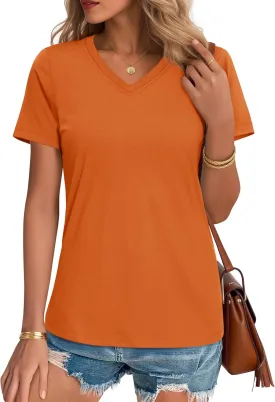 YUCOLEN Women's Cotton Short Sleeve Shirts Soft Breathable UPF 50  V Neck T-Shirts Basic Tops