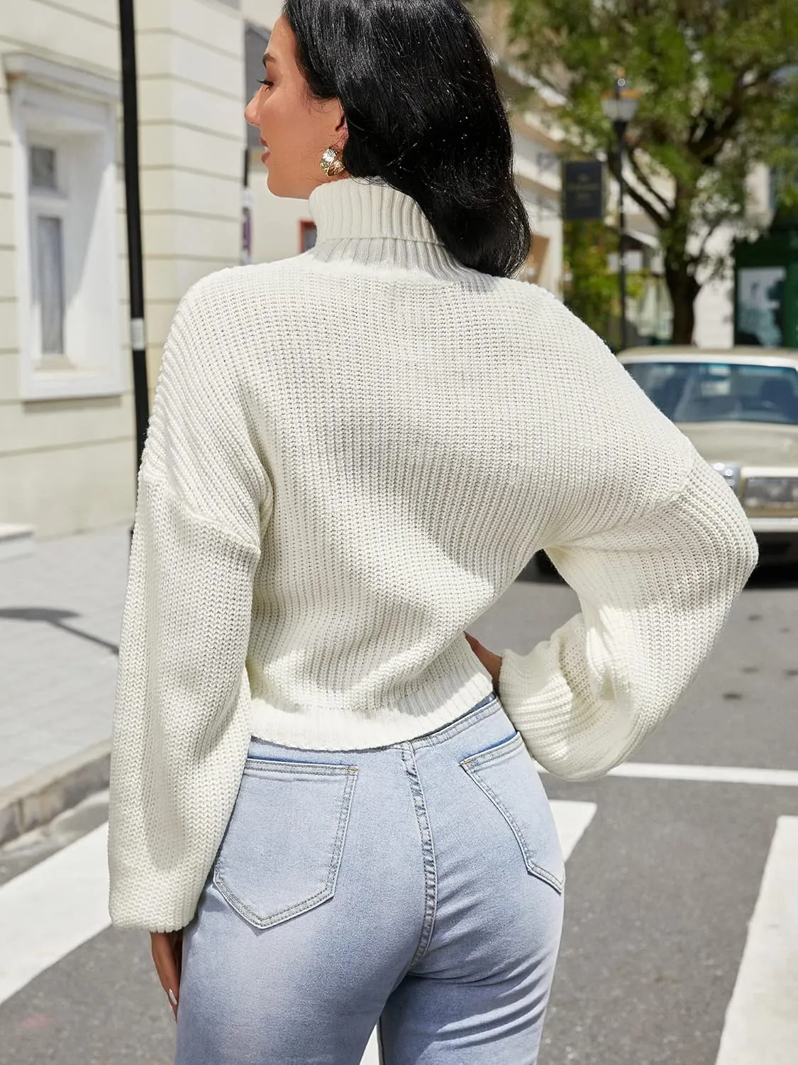 ZAFUL Women's Cropped Turtleneck Sweater Lantern Sleeve Ribbed Knit Pullover Sweater Jumper