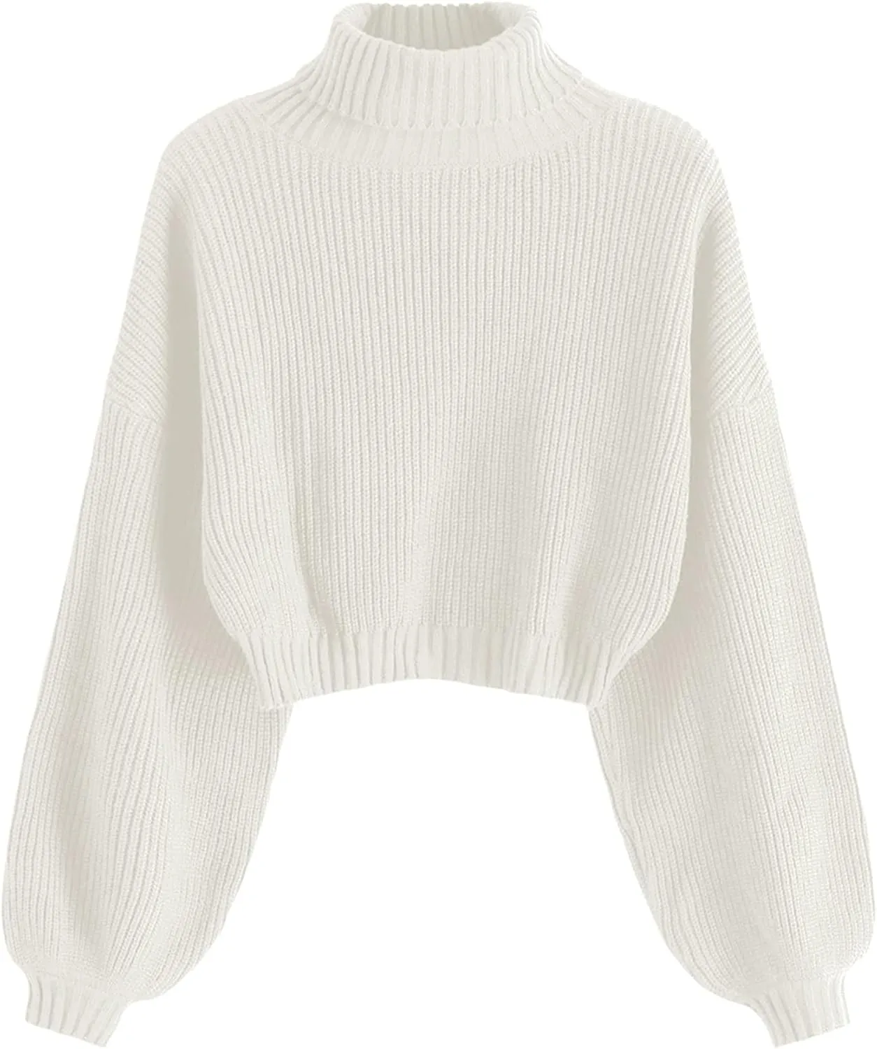 ZAFUL Women's Cropped Turtleneck Sweater Lantern Sleeve Ribbed Knit Pullover Sweater Jumper